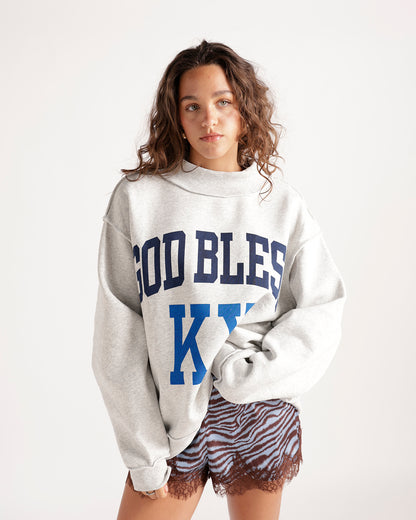 Oversized grey mockneck sweatshirt with blue GOD BLESS KY graphic print