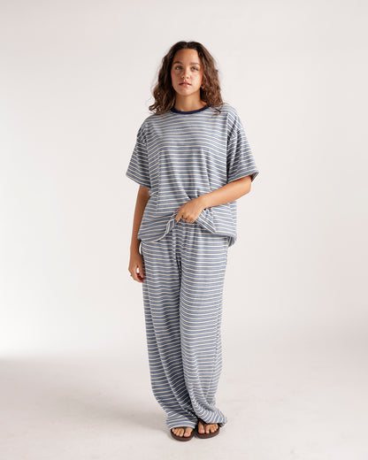 Oversized striped blue and white short sleeve tee with navy crew neck trim