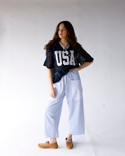 navy 'USA' sheer lace short sleeve jersey