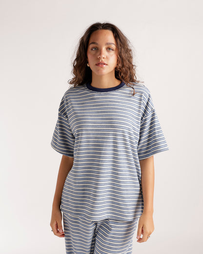 Oversized striped blue and cream short sleeve tee with navy ribbed crew neck