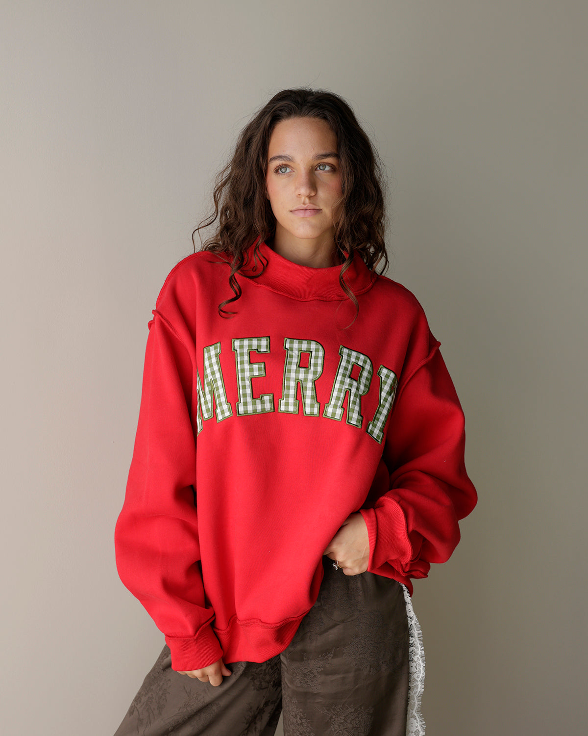 MERRY PLAID MOCK NECK SWEATSHIRT