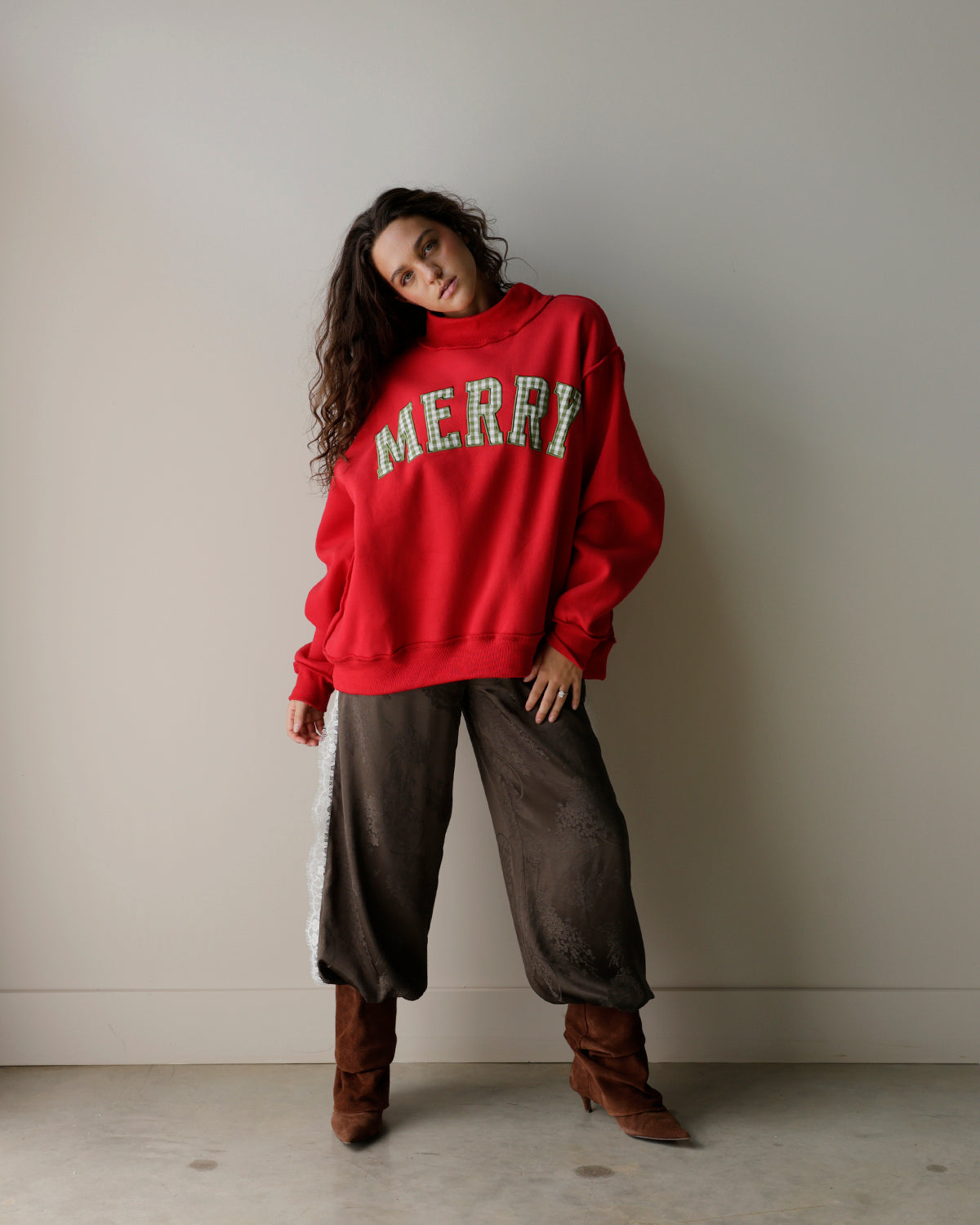 MERRY PLAID MOCK NECK SWEATSHIRT