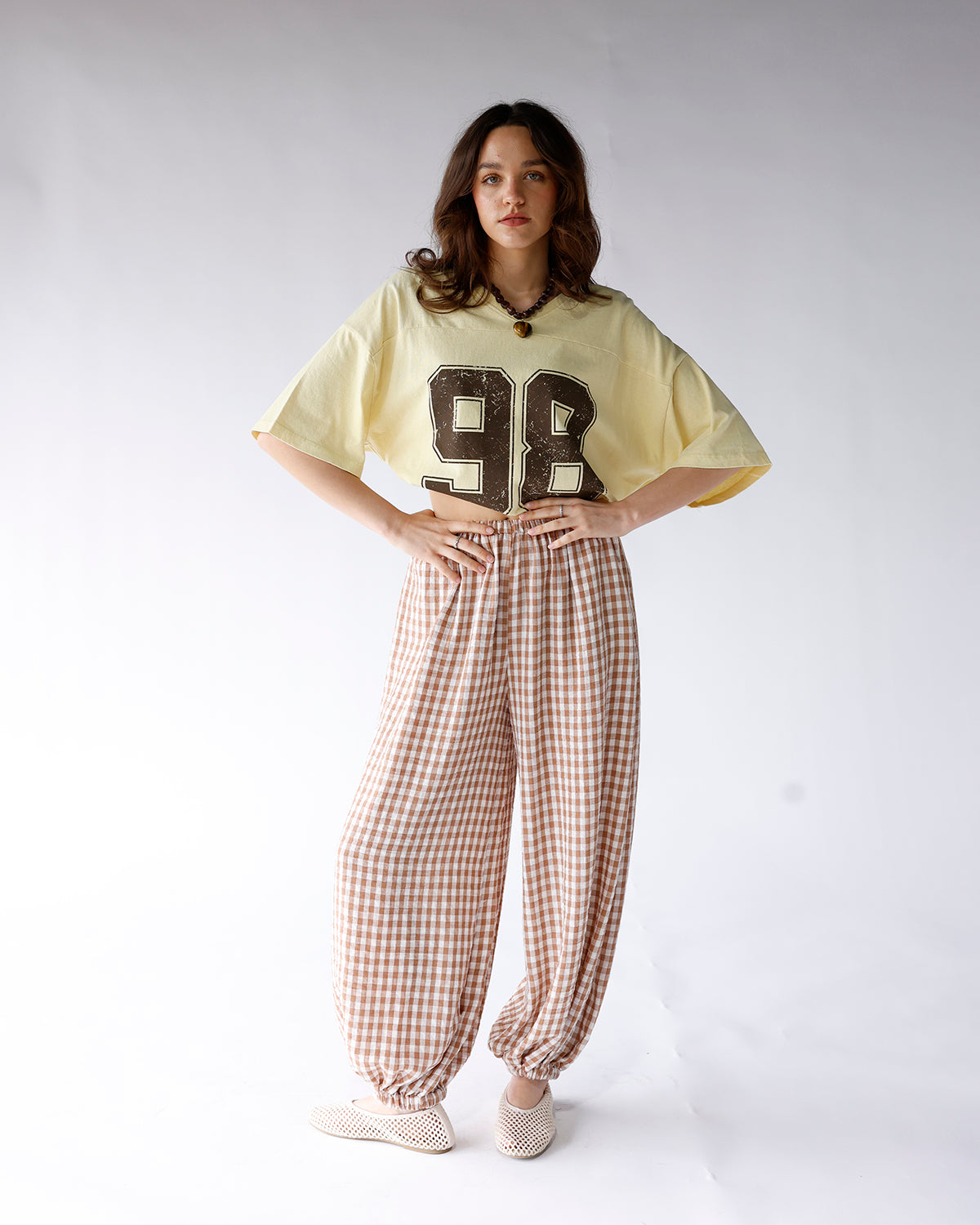 brown and white gingham print balloon pants elastic waistband gingham print pants women