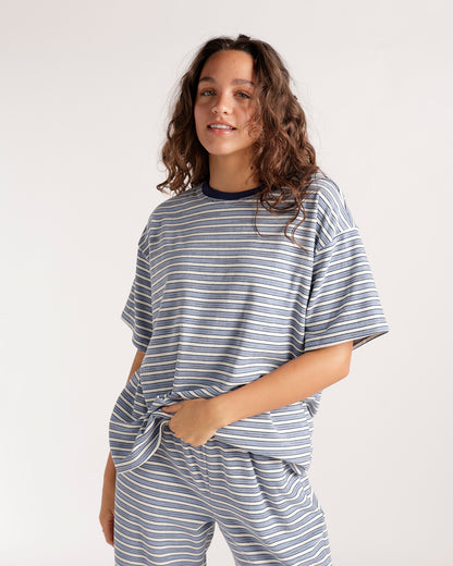 Oversized blue and white striped short sleeve t-shirt with navy crew neck