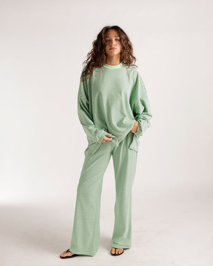 Oversized green and white striped long sleeve top with crew neck