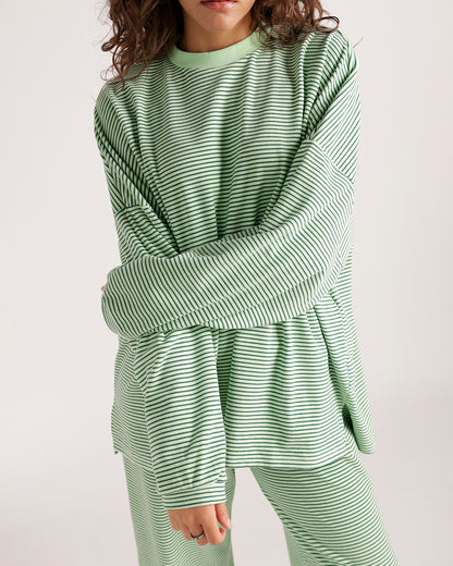 Oversized green and white striped long sleeve sweatshirt with ribbed crew neck