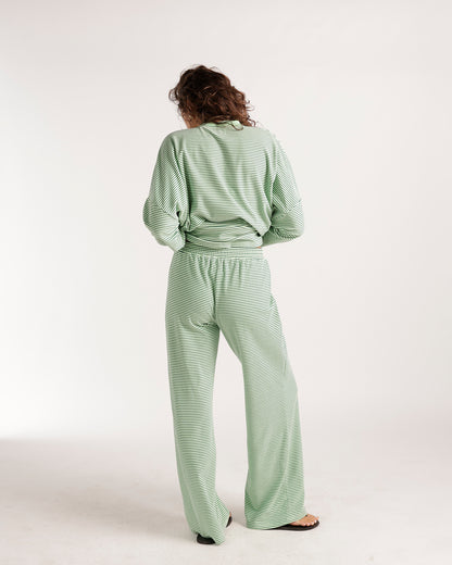 Oversized green and white striped long sleeve top, back view, relaxed fit