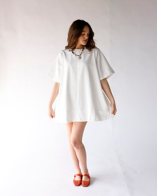 white denim mini dress white flowy silhouette mini dress