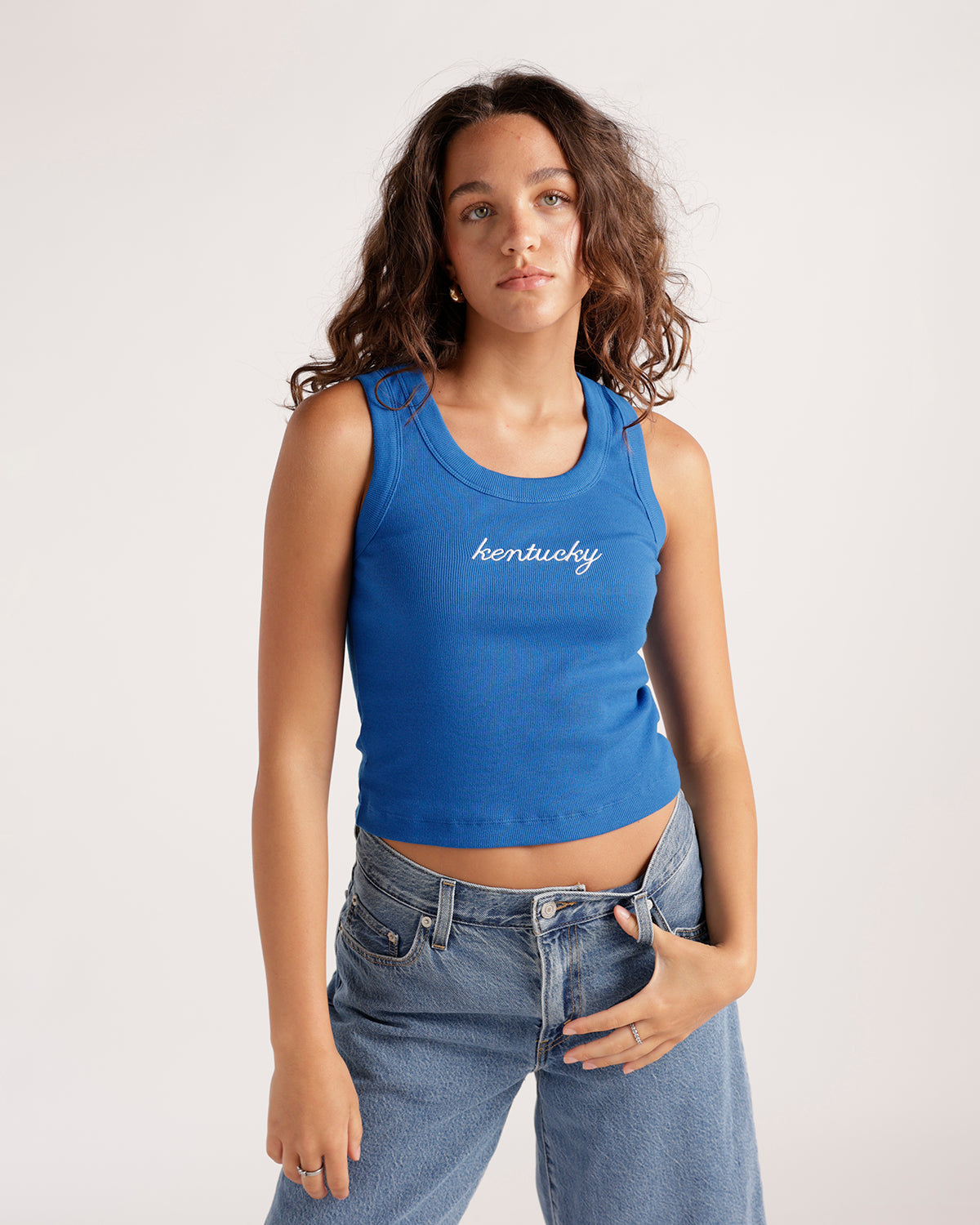Ribbed blue sleeveless crop tank top with white Kentucky script embroidery