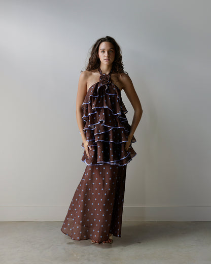 TIERED POLKA DOT HALTER MAXI DRESS