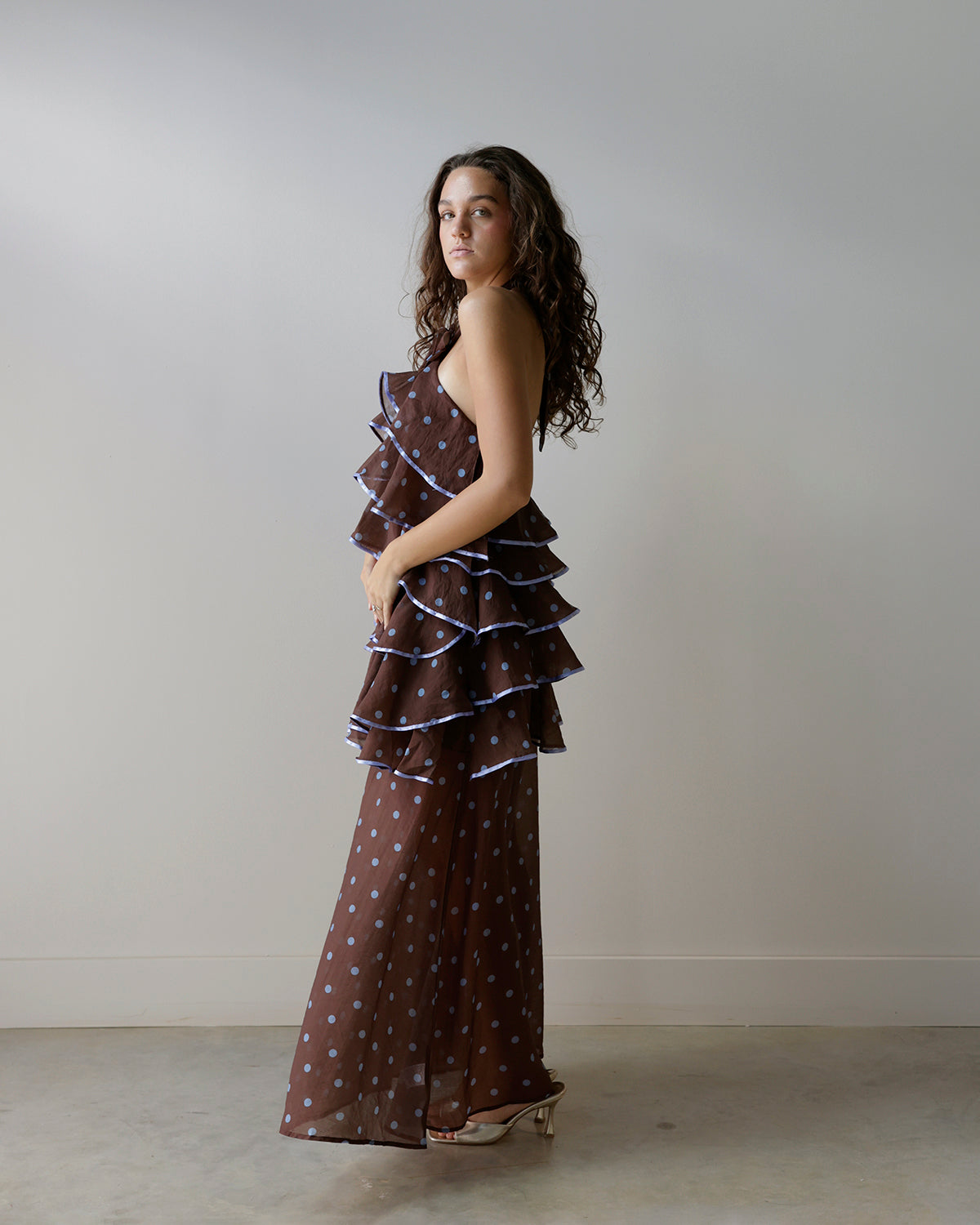 TIERED POLKA DOT HALTER MAXI DRESS