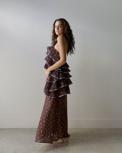TIERED POLKA DOT HALTER MAXI DRESS