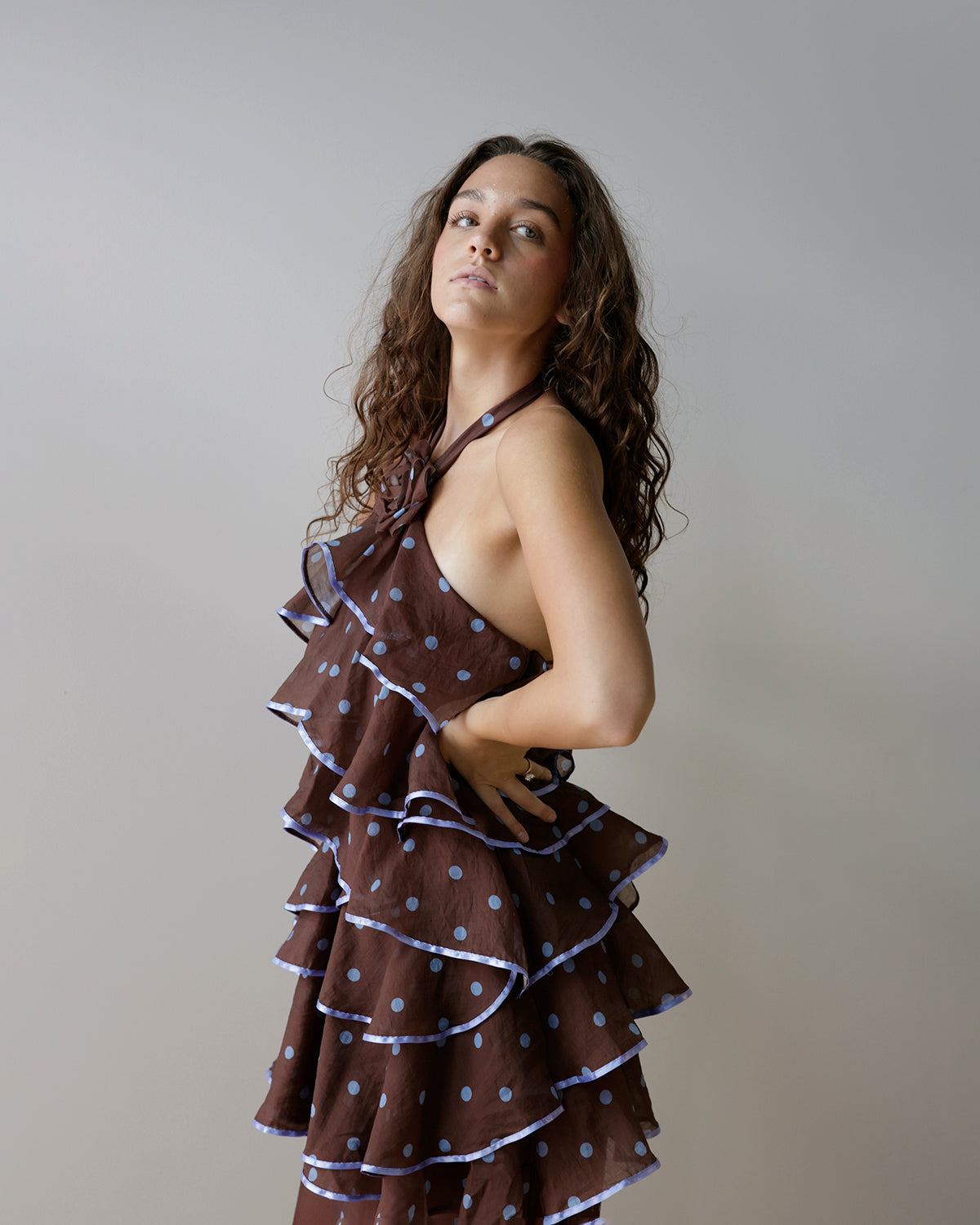 TIERED POLKA DOT HALTER MAXI DRESS