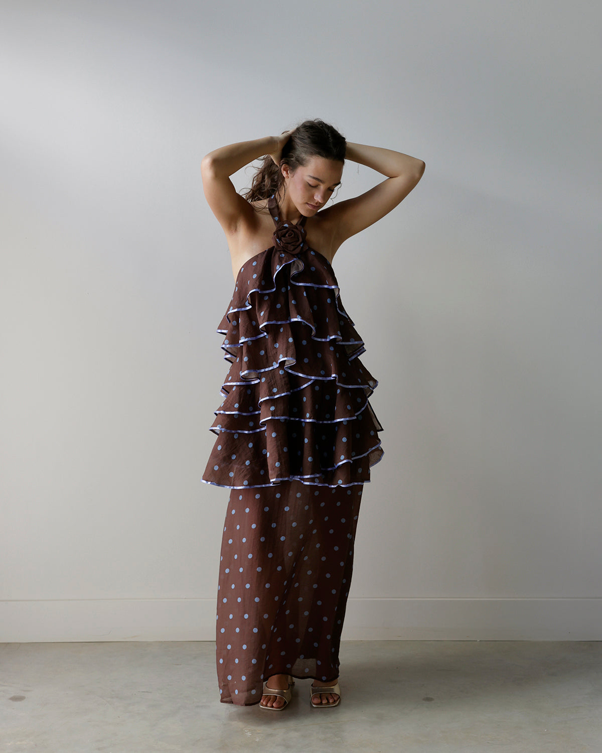 TIERED POLKA DOT HALTER MAXI DRESS
