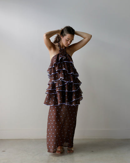 TIERED POLKA DOT HALTER MAXI DRESS