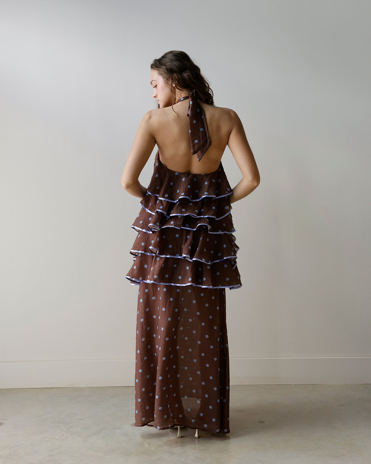 TIERED POLKA DOT HALTER MAXI DRESS