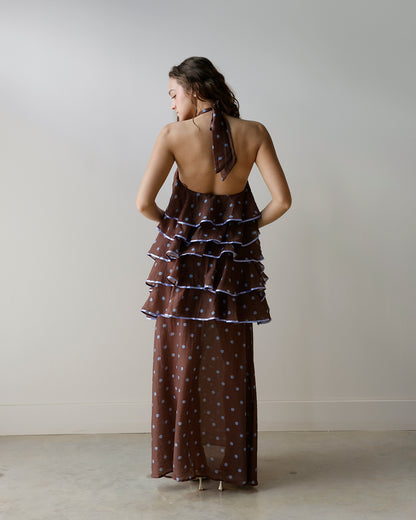 TIERED POLKA DOT HALTER MAXI DRESS