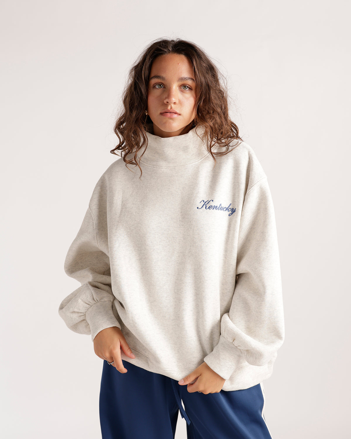 Oatmeal mock neck sweatshirt with blue Kentucky script, oversized fit