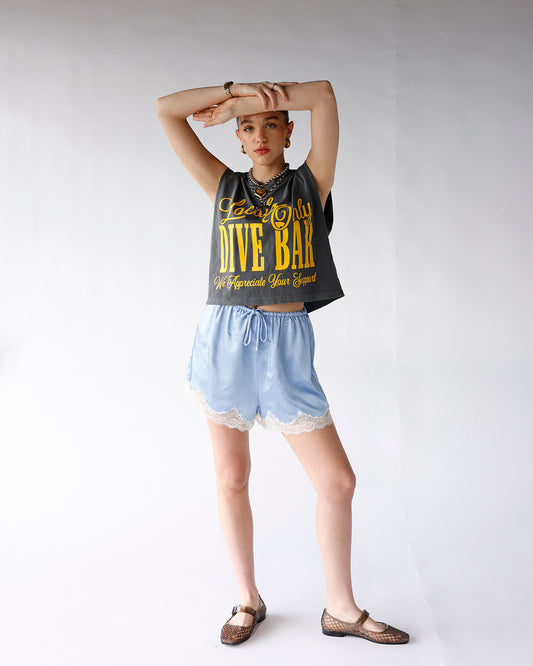 blue satin lace trim shorts satin and lace blue shorts women