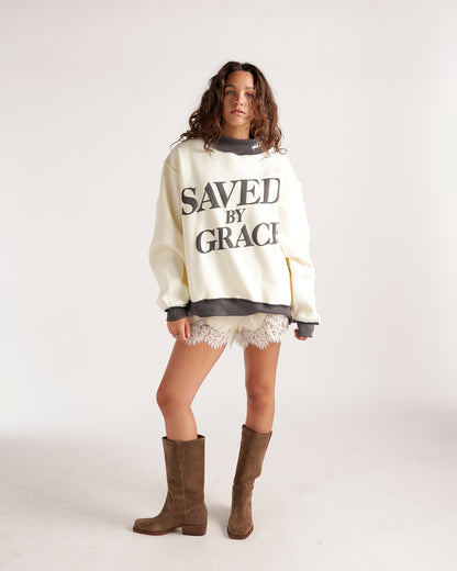 Cream oversized mockneck sweatshirt with Saved By Grace graphic print in charcoal