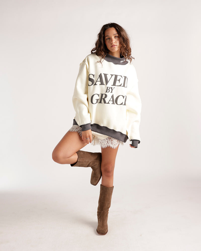 Cream oversized mockneck sweatshirt with Saved By Grace graphic print and contrast trim