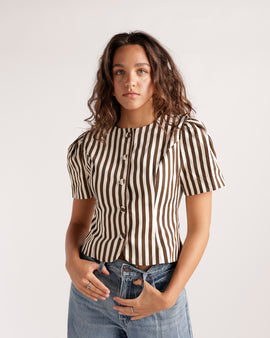 Brown and white striped short sleeve button-front cropped top
