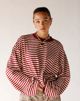 stripped long sleeve tshirt everday tops staple tops burgundy pinstripe oversized 