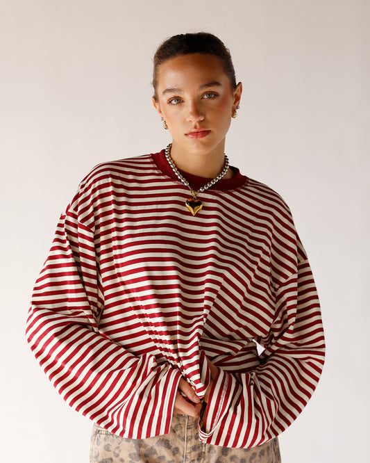 stripped long sleeve tshirt everday tops staple tops burgundy pinstripe oversized 