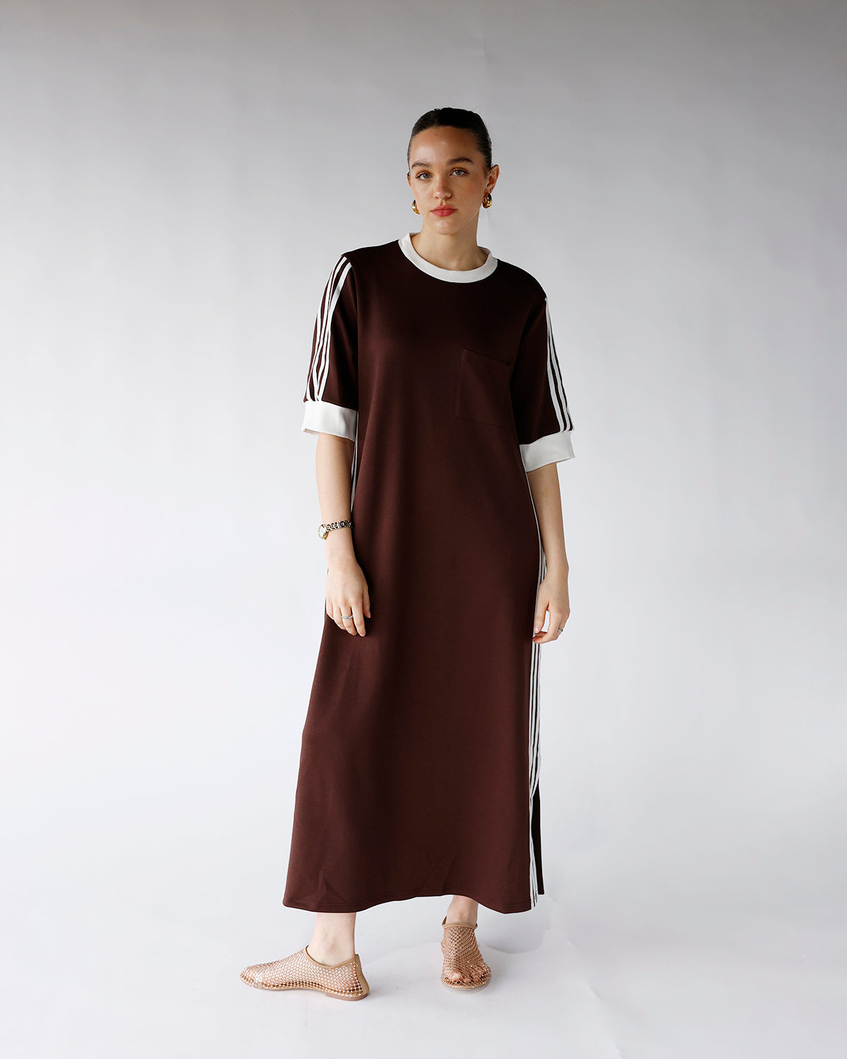 HIP STYLED VARSITY TRACK DRESS X CHOCOLATE BROWN