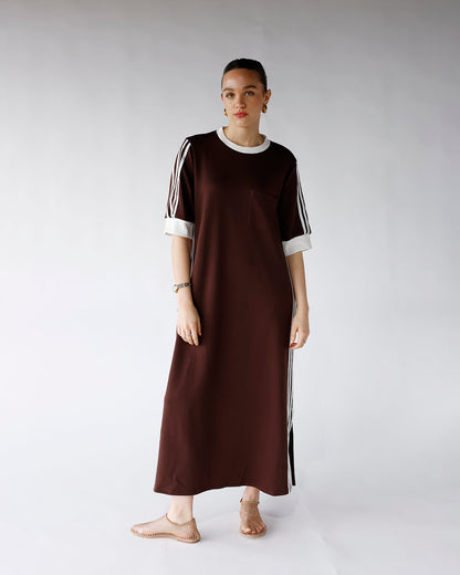 HIP STYLED VARSITY TRACK DRESS X CHOCOLATE BROWN
