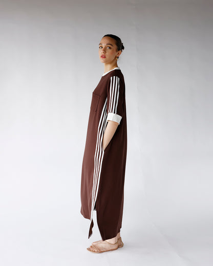 HIP STYLED VARSITY TRACK DRESS X CHOCOLATE BROWN