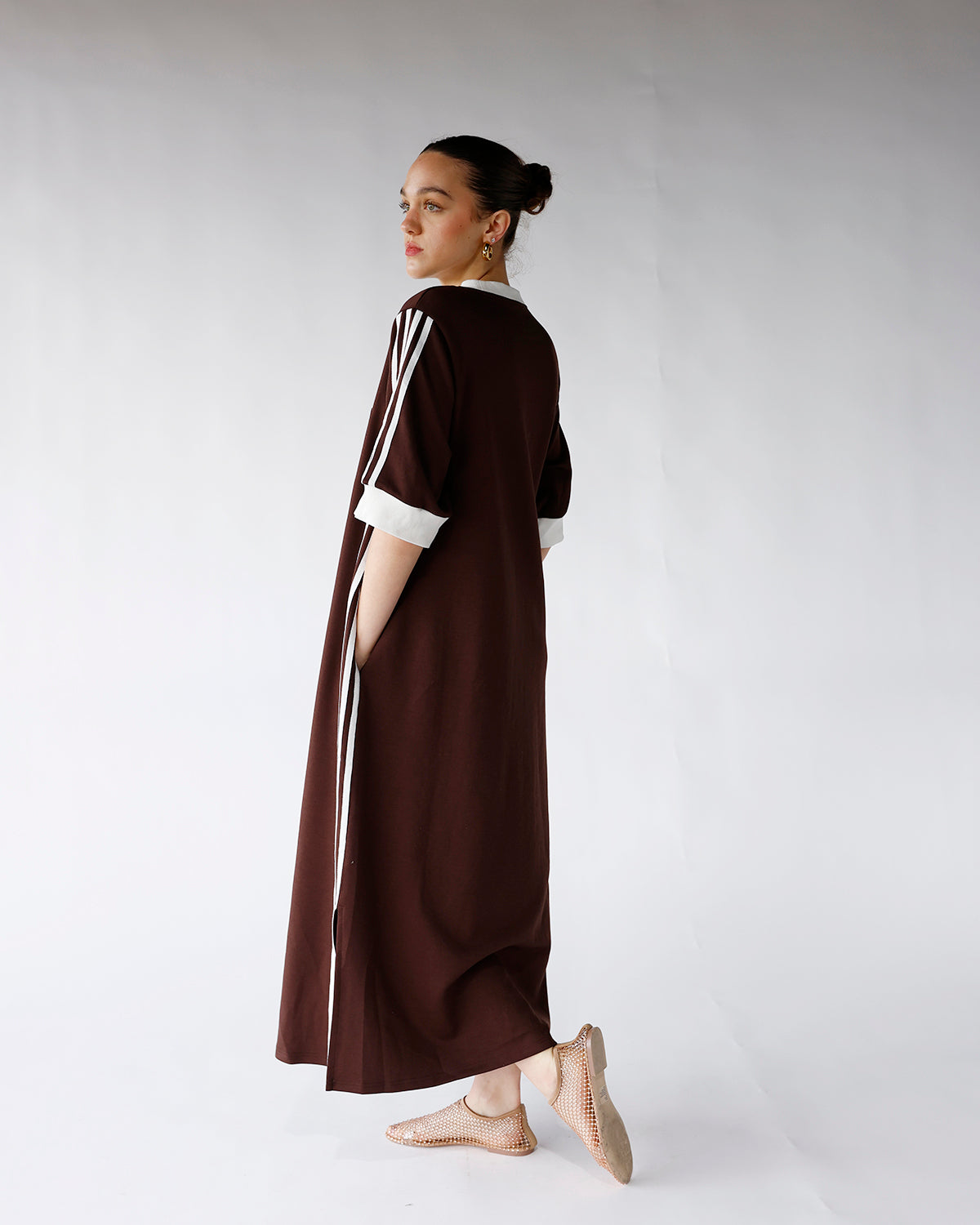 HIP STYLED VARSITY TRACK DRESS X CHOCOLATE BROWN