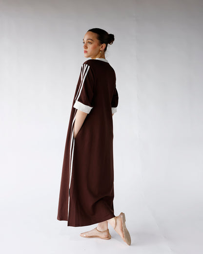 HIP STYLED VARSITY TRACK DRESS X CHOCOLATE BROWN
