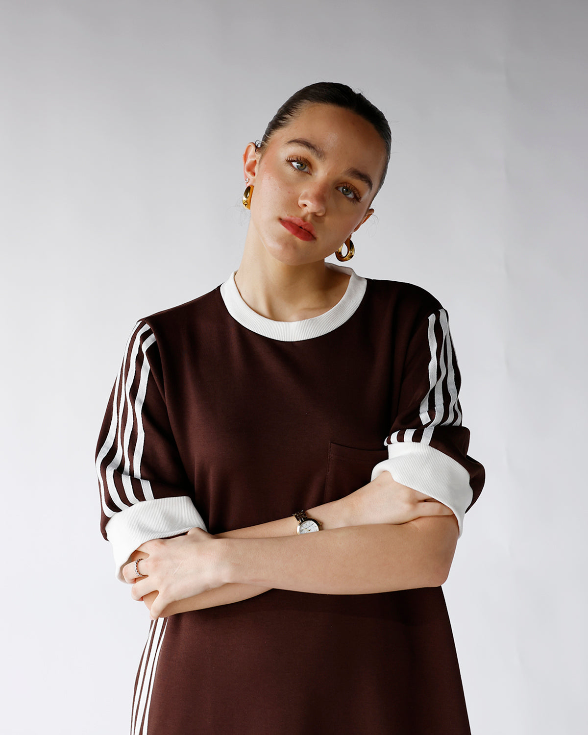 HIP STYLED VARSITY TRACK DRESS X CHOCOLATE BROWN