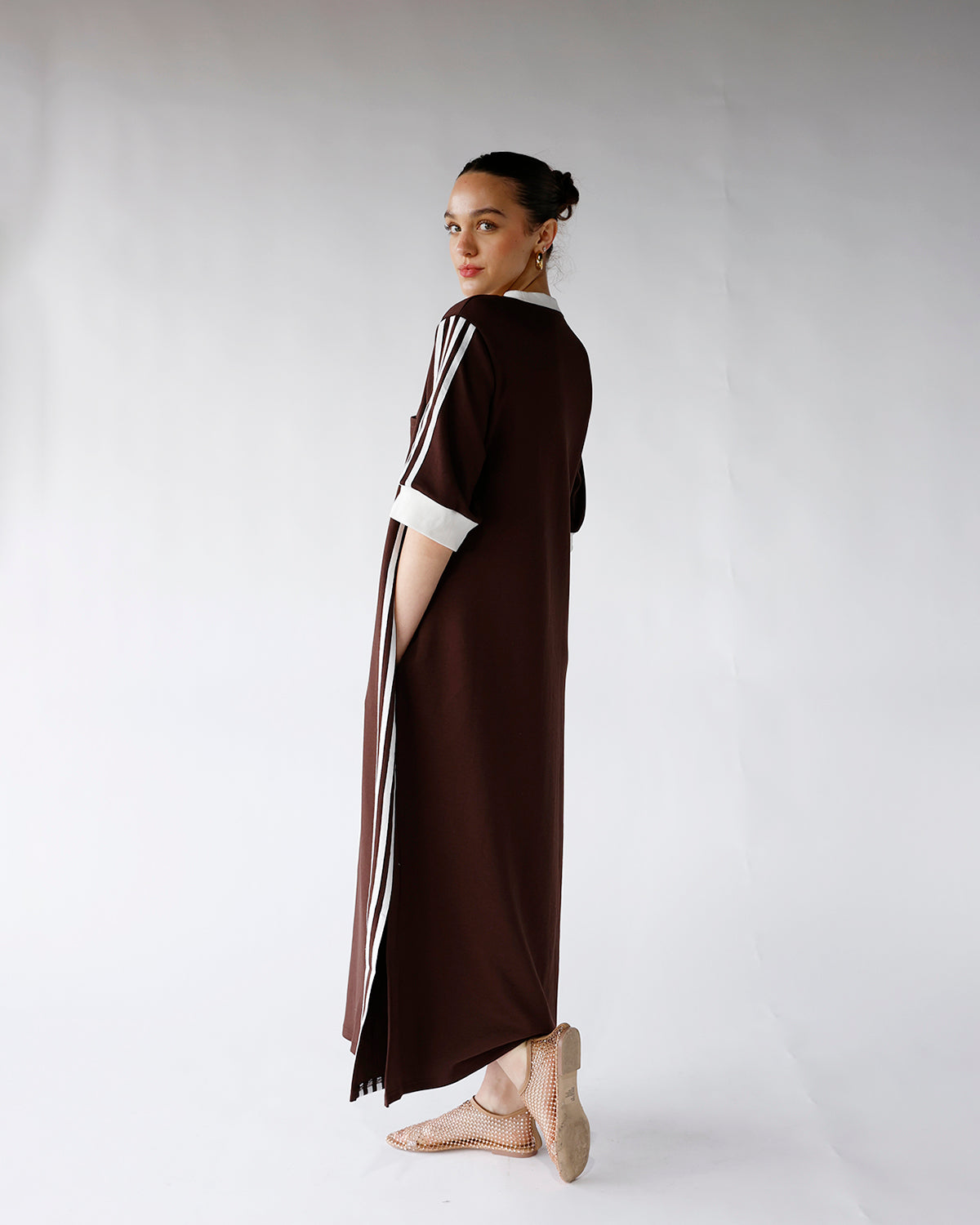 HIP STYLED VARSITY TRACK DRESS X CHOCOLATE BROWN