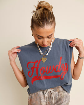 "howdy" red and blue muscle tee