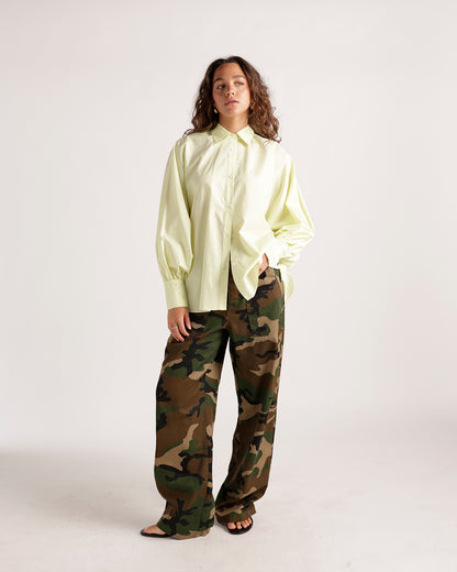 Oversized lime yellow button-up shirt with long balloon sleeves and collar