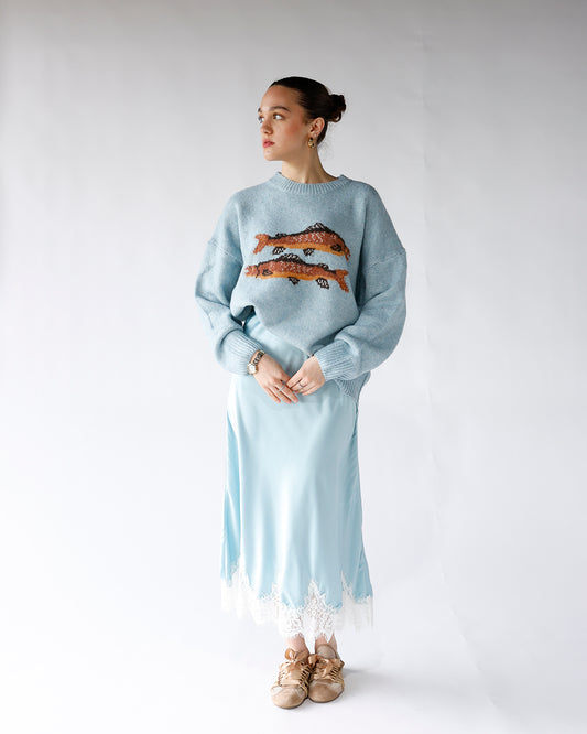 baby blue lace trim hem midi skirt women's elastic waist blue lace hem midi skirt