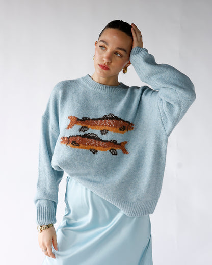 dusty blue sweater with brown fish graphic women's dusty blue graphic knit sweater