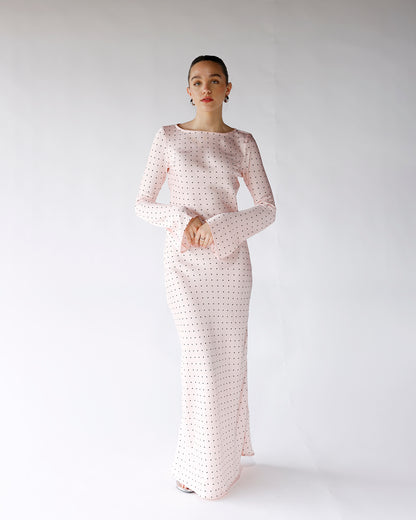 pink base black polka dot long sleeve maxi dress light pink and all over black polka dot print maxi dress