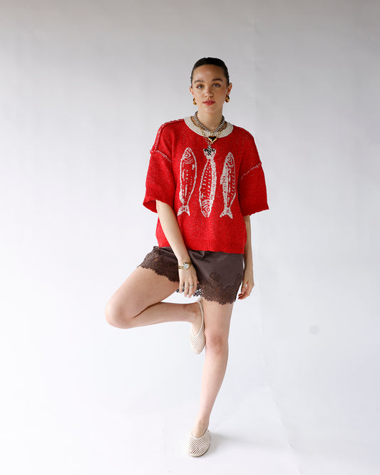 red short sleeve sweater with 3 white fish graphic across chest fish knit graphic short sleeve sweater