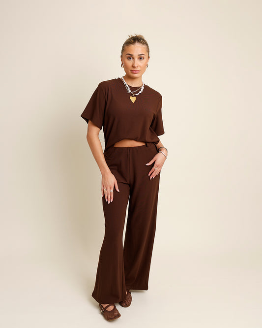 brown ribbed casual set 