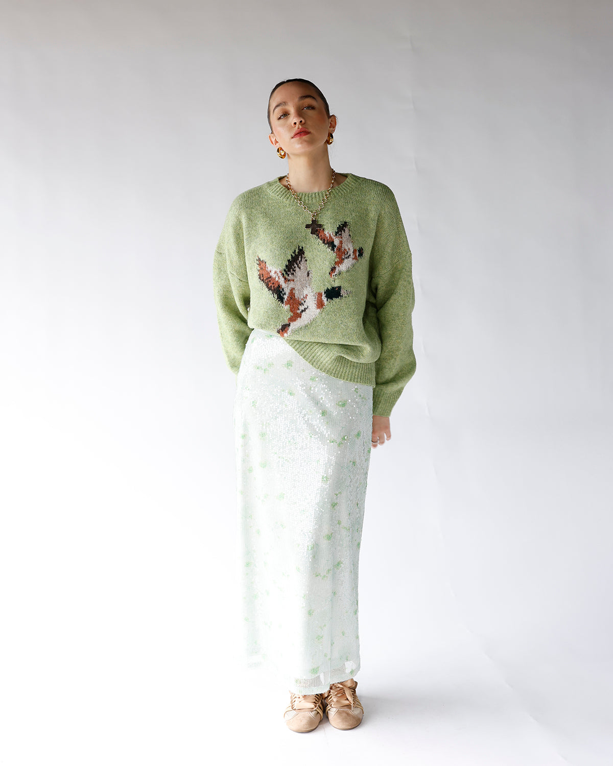 green sweater with flying duck graphic duck graphic green sweater women
