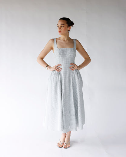 blue and white plaid drop waist midi dress astr yinya plaid bow-back midi dress