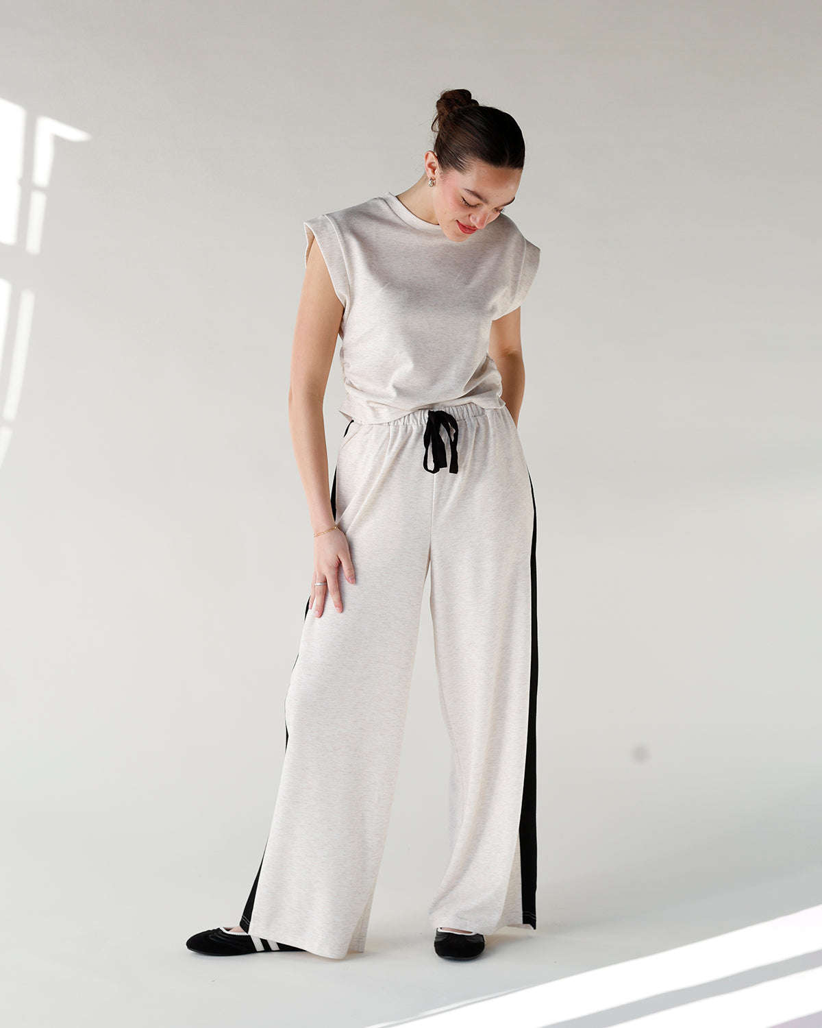 heather oatmeal wide leg track lounge pants with black stripe