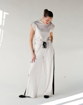 heather oatmeal wide leg track lounge pants with black stripe
