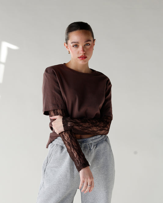brown tee with layered lace long sleeves