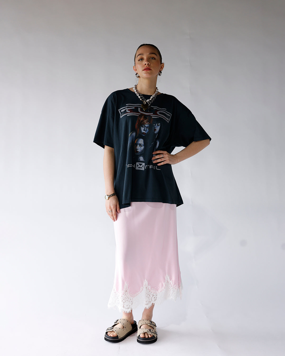 BLUSH LACE TRIM MIDI SKIRT