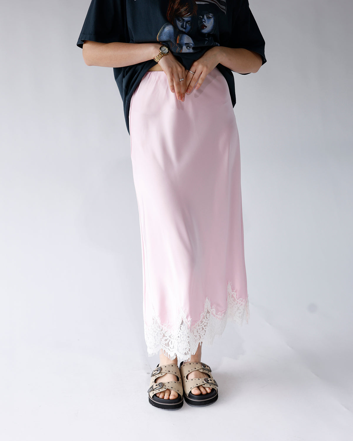 BLUSH LACE TRIM MIDI SKIRT