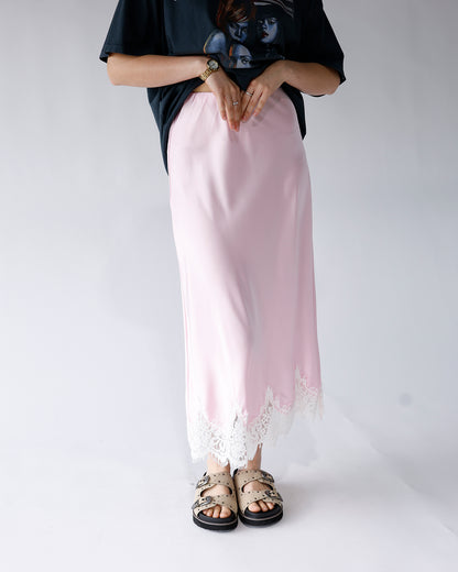 BLUSH LACE TRIM MIDI SKIRT